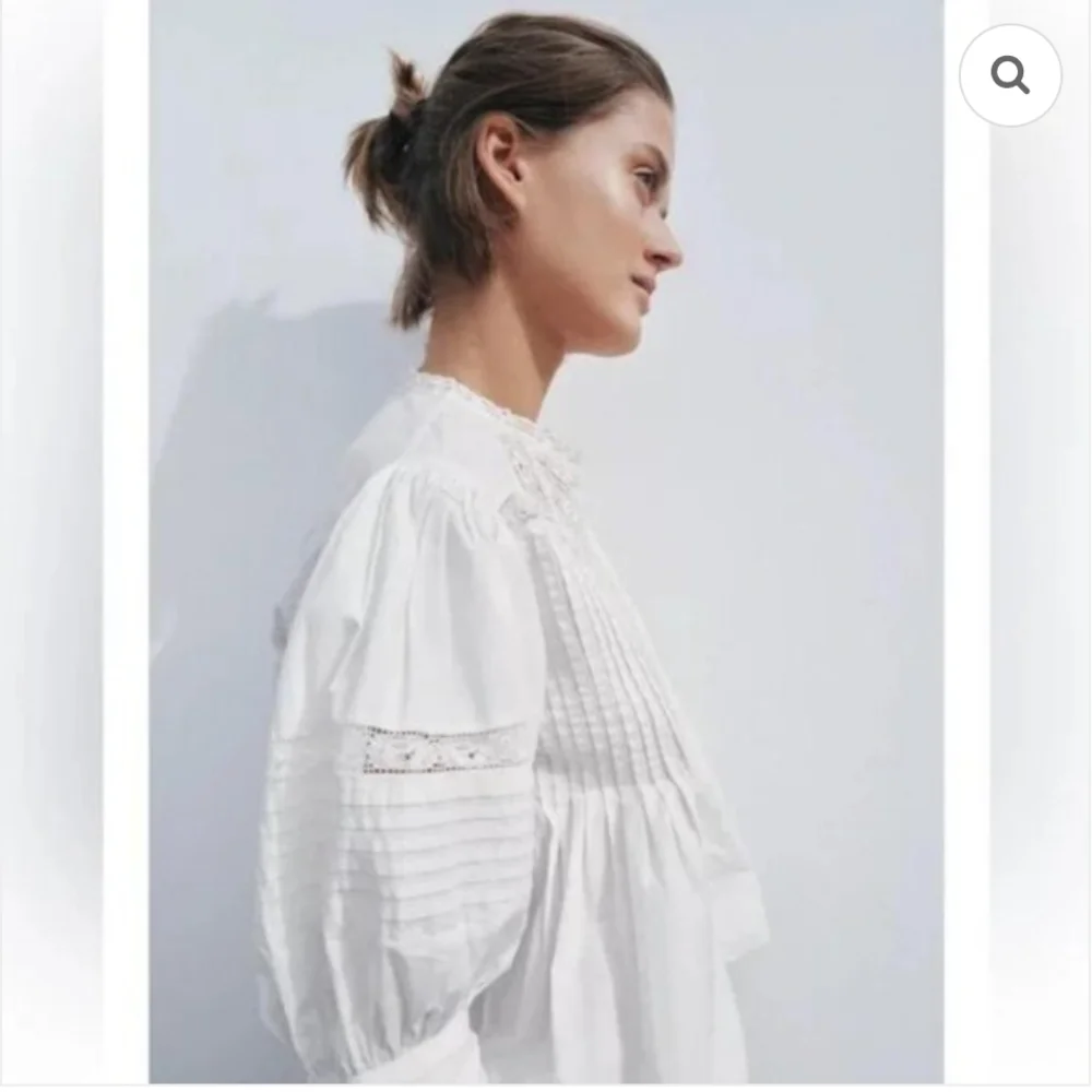 Zara Women White Romantic Embroidered Blouse Puffed Sleeves L NWT 7521/042